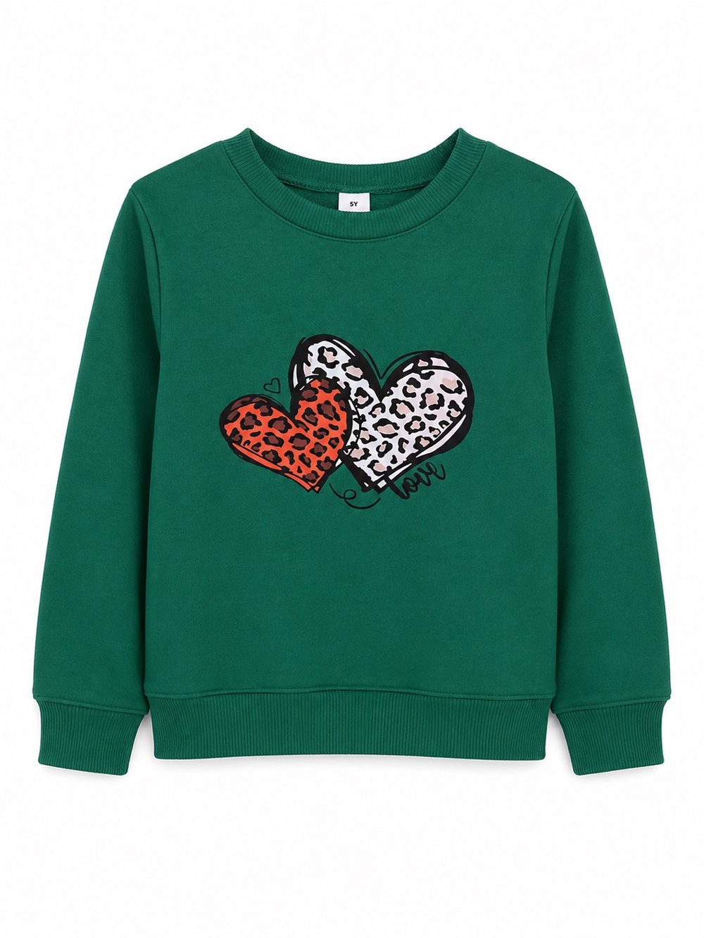 Girls Green Leopard Heart Sweatshirt Size 5Y Long Sleeve Pullover
